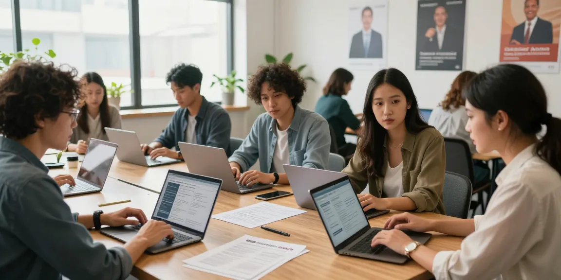 หางาน in a vibrant coworking space with job seekers collaborating on career opportunities.