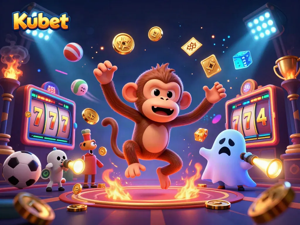 Kubet’s dynamic casino scene showcases golden coins and games, depicting excitement and engagement.