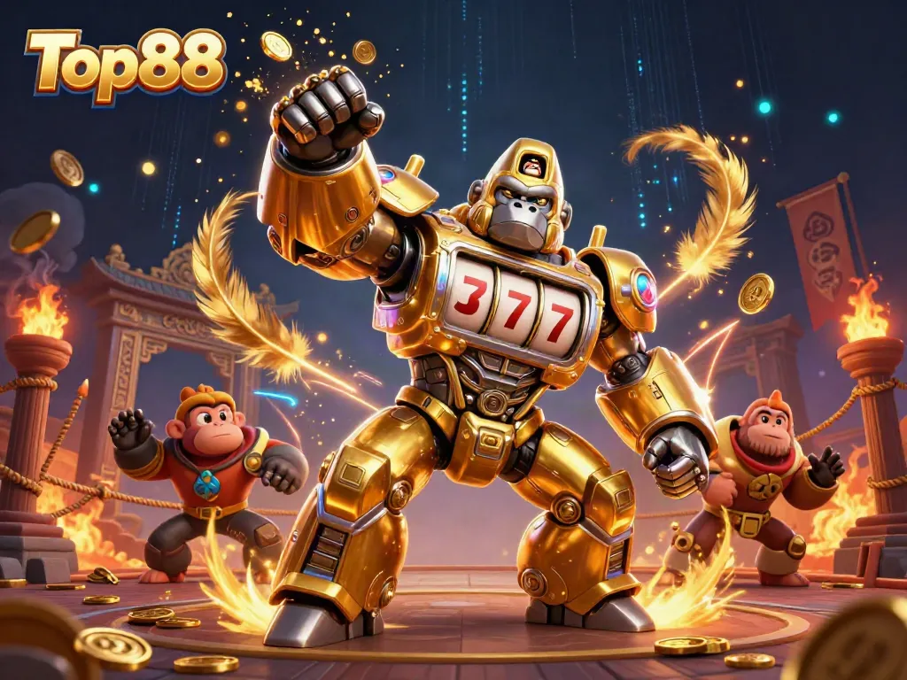 Experience the excitement of Top88 gaming with a vibrant 3D cinematic casino scene full of dynamic elements.