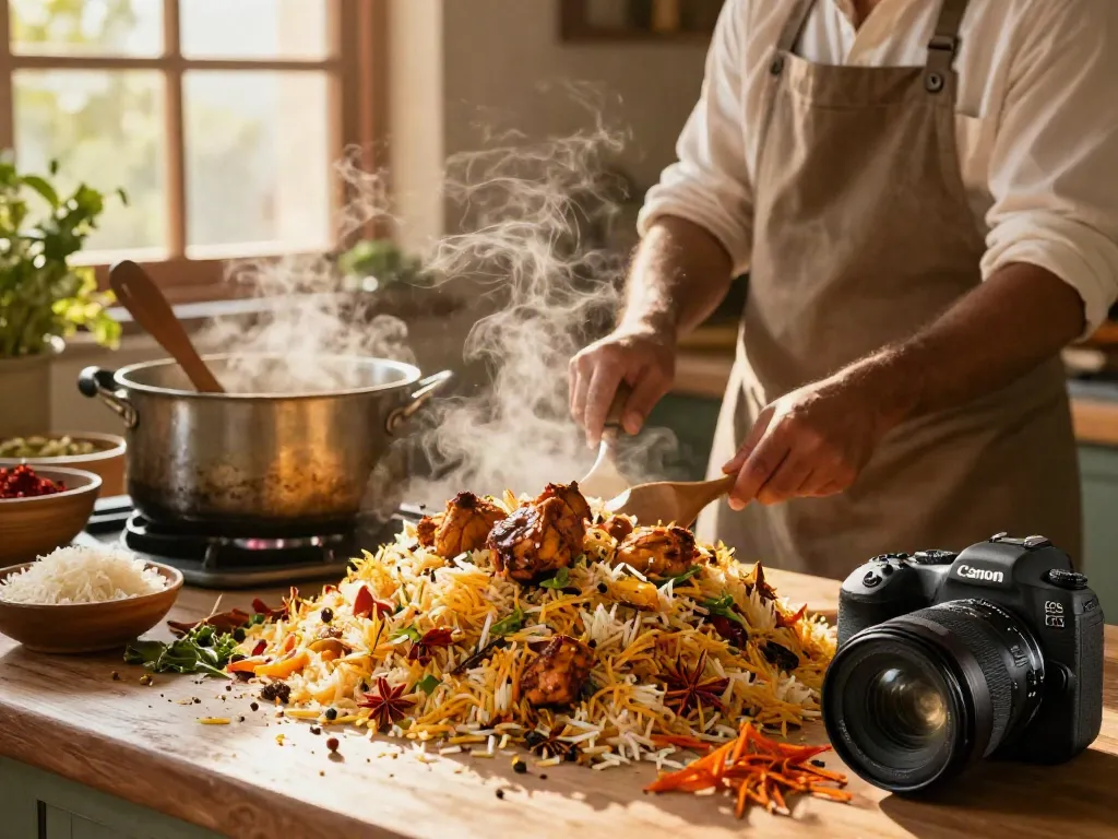 Delicious Pakistani chicken biryani recipe preparation in a rustic kitchen, highlighting fresh ingredients and traditional cooking.