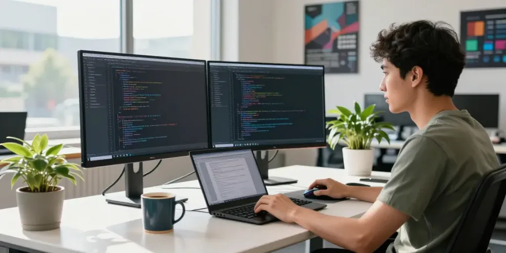 Developer coding in a vibrant modern office at https://notepad-app.co/ showcasing tools and tech aesthetics.