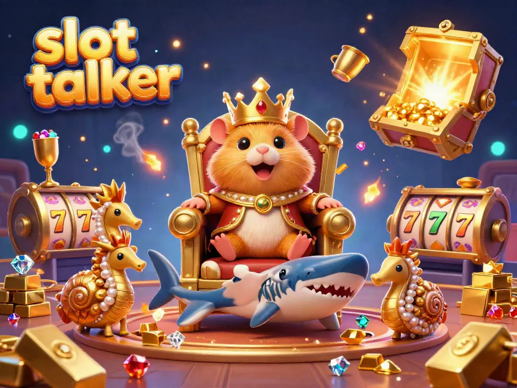 Experience the excitement of slots with slot talker, featuring a golden hamster king amid treasures and winning symbols in a dynamic casino scene.
