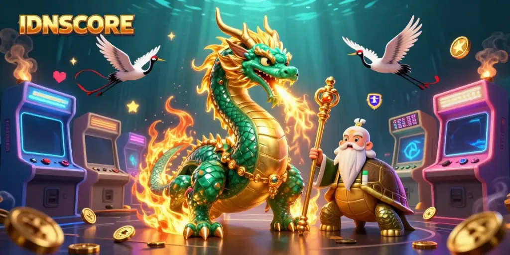 Experience the magic of IDNSCORE with a 3D illustration showcasing a jade dragon, turtle sage, and lucky cranes in a vibrant casino setting.