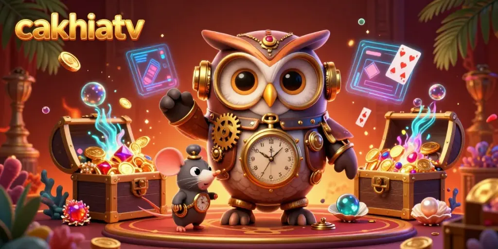 Cakhiatv showcases a vibrant 3D gambling-themed illustration, featuring an owl and mouse with casino elements.