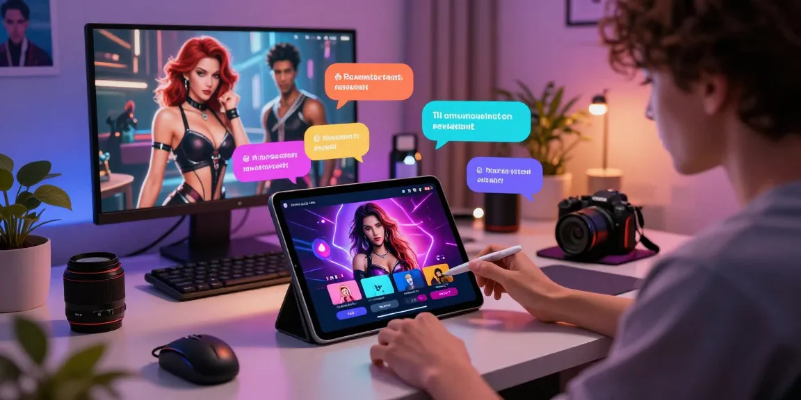 User interacting with an AI porn chat platform, showcasing immersive characters and vibrant digital elements in a modern setting.