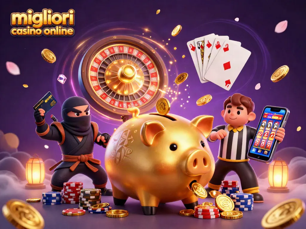 Scopri i migliori casino online con questa illustrazione vibrante che cattura l'energia del gioco.