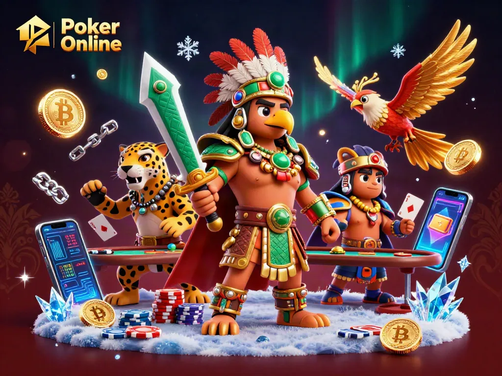 Engage in Poker Online strategy with Aztec warriors, dynamic poker elements, and glowing crypto coins.