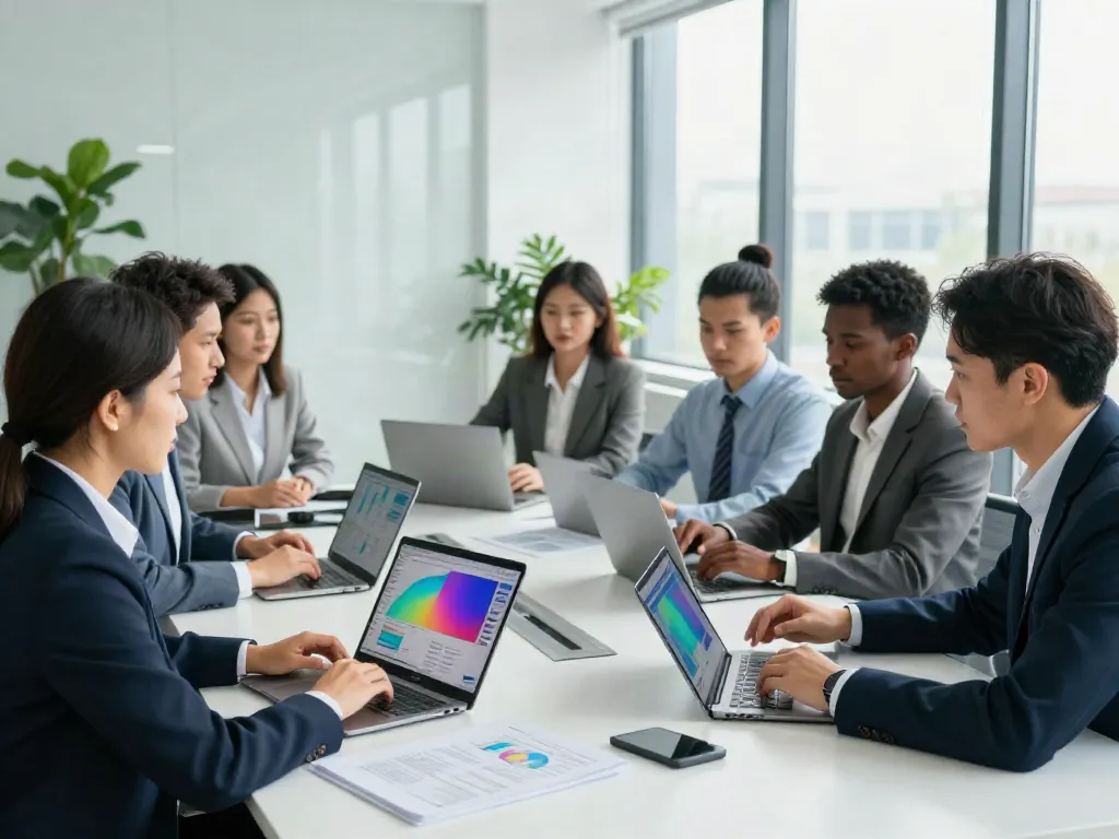Financial advisors discussing banorte empresas strategies in a modern office.