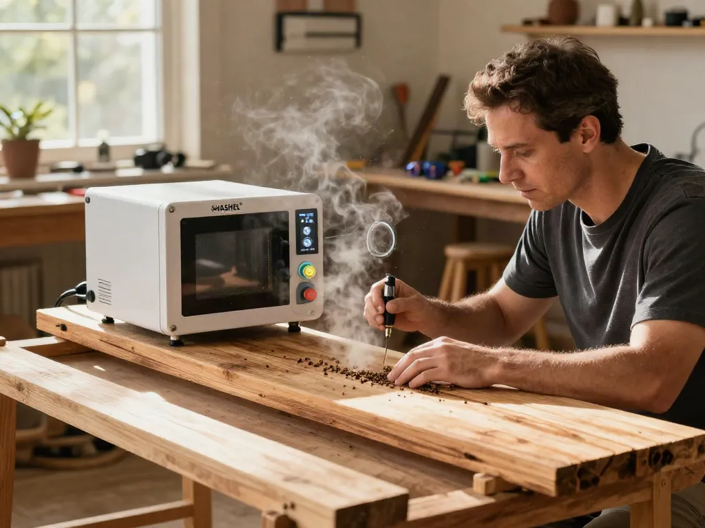 Technician using SHASHEL® microwave equipment to treat wood for pests in a workshop.