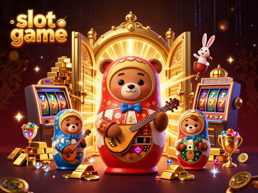 Experience the excitement of slot games with colorful bear dealers and treasure-filled illustrations.