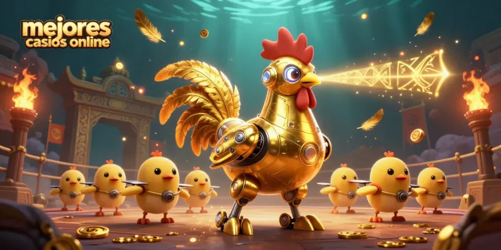 Descubre los mejores casinos online con un robot gallo dorado y drones en un ambiente emocionante.