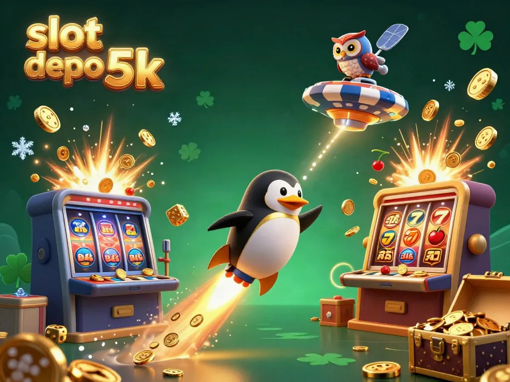 Experience thrilling action at slot depo 5k with a golden penguin on a rocket, coins flying as symbols burst from a jackpot.