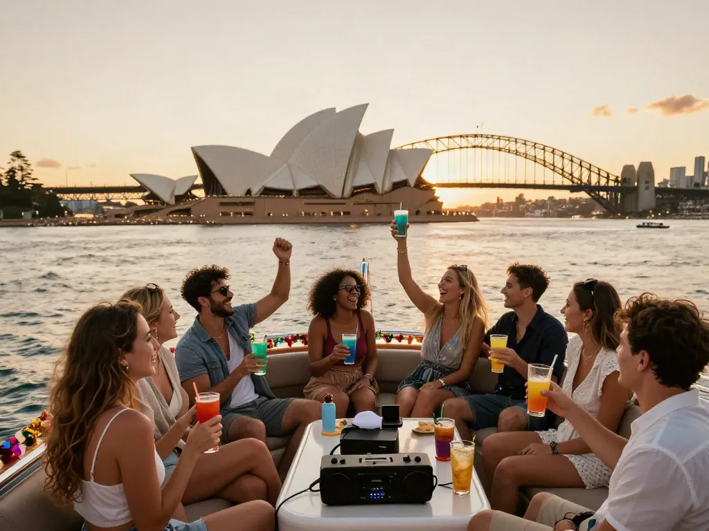 Celebrating on a party boat in Sydney, with iconic views of the Harbour.