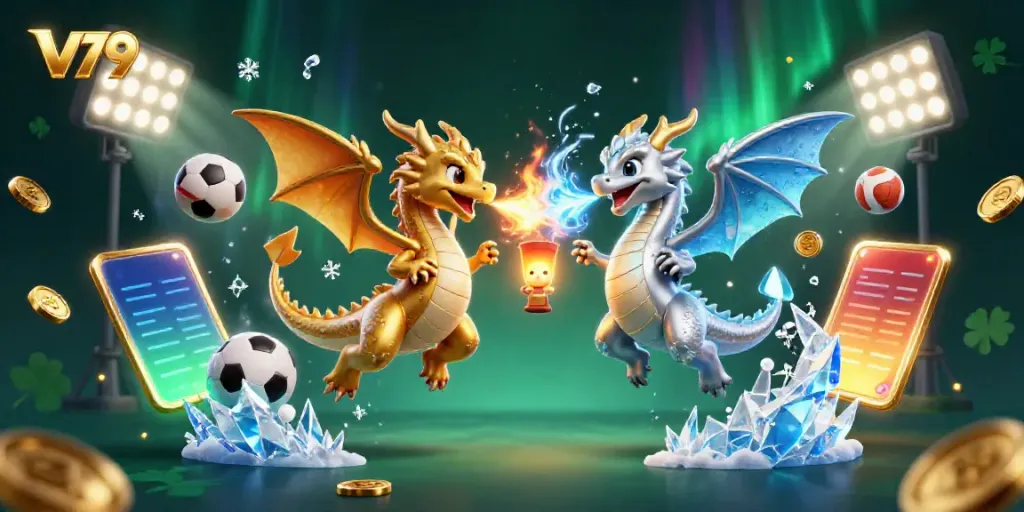 Engage in thrilling gameplay with V79, highlighted by dynamic dragons and vibrant sports elements in a stunning casino illustration.