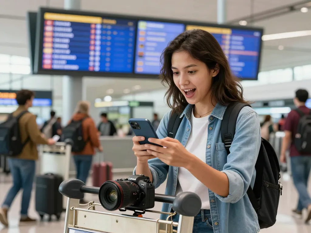 עוברת חווית eSIM לחו"ל בשדה התעופה עם סמארטפון