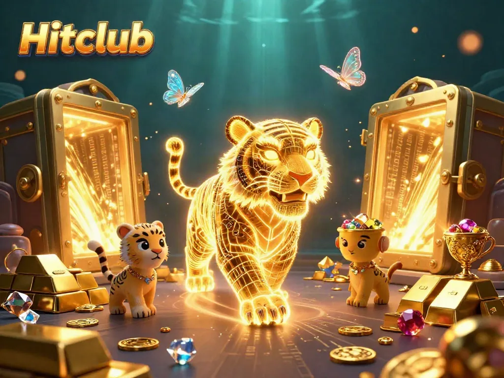 Engage with Hitclub's thrilling gaming experience as a golden tiger and holographic butterflies illuminate a vibrant casino landscape.