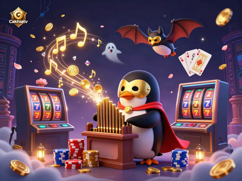Experience thrilling gaming adventures with cakhiatv as a penguin plays a golden organ amidst a vibrant gambling scene.
