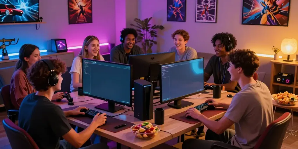 Kilat404 gaming scene with friends enjoying multiplayer games in a vibrant, lively atmosphere.