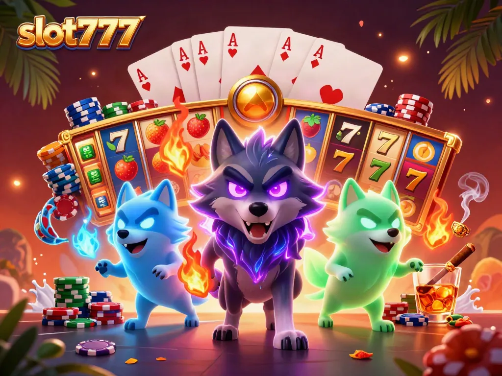 Saksikan suasana seru permainan slot777 dengan karakter serigala kartun dan simbol jackpot di latar belakang.