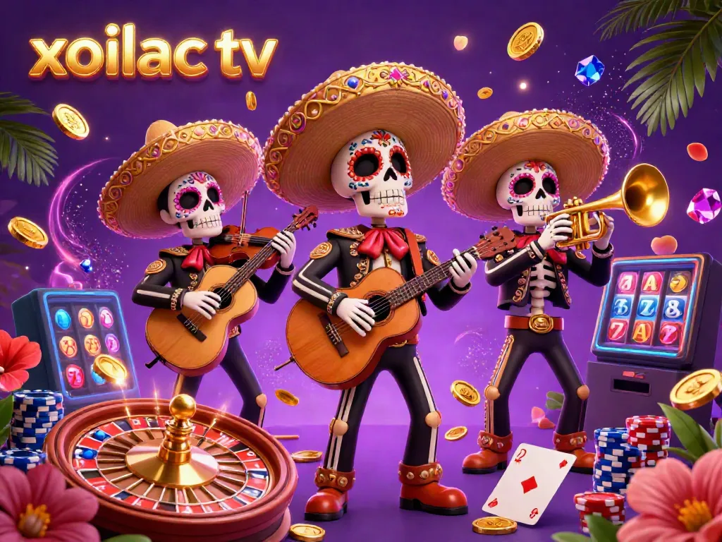 Xoilac TV showcases an exciting sports betting atmosphere with mariachi skeletons amidst golden coins and vibrant gaming elements.