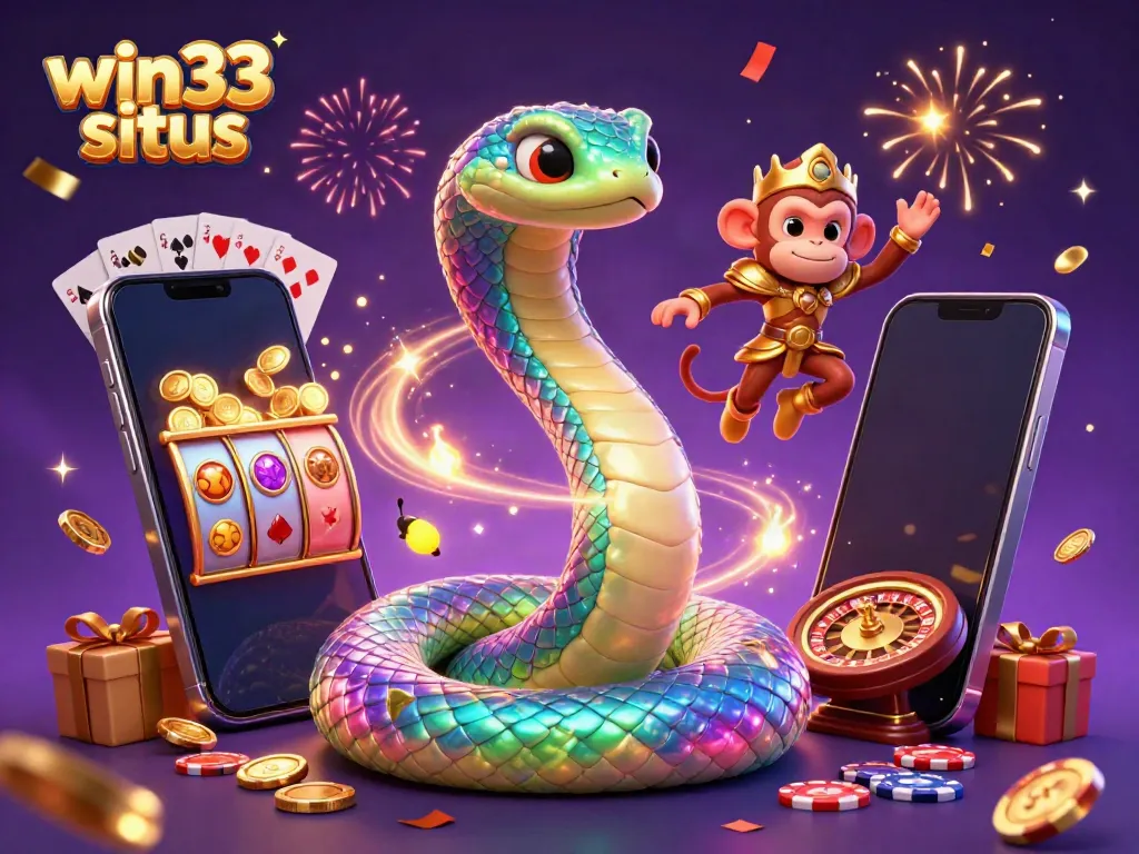Experience the excitement of win33 situs with colorful slot games, rainbow serpent, and festive ambiance.