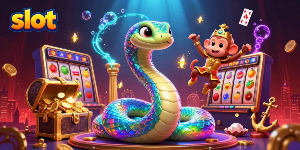 Engage in thrilling slot action with vibrant casino elements, including dynamic colorful reels, jackpot counters, and a playful monkey king.