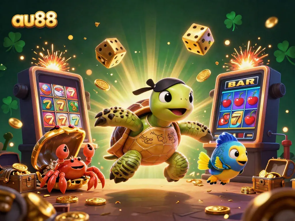 Experience thrilling gaming at au88 with a pirate turtle, treasure, and casino elements bursting in 3D.