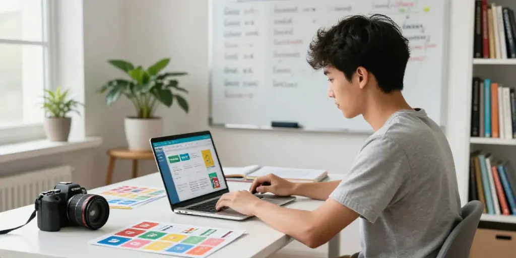 Young adult learning English online with interactive materials and a dictionary in a bright study.