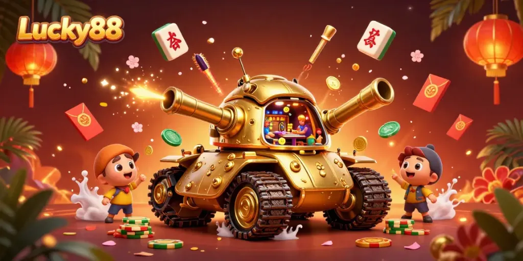 Experience Lucky88's vibrant gaming world with a dynamic 3D casino illustration featuring a golden beetle tank and festive symbols.