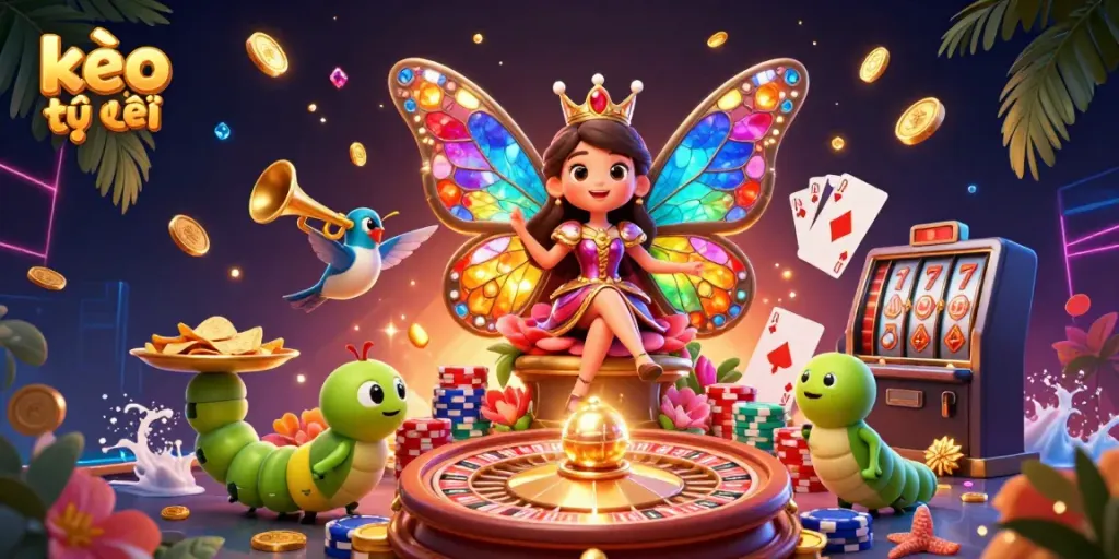 Experience kèo trực tuyến with a vibrant 3D scene featuring a butterfly queen and casino elements.