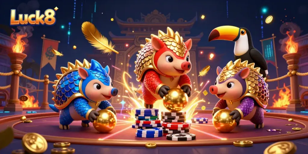 Luck8 pangolins rolling golden balls in a vibrant casino scene filled with action and excitement.