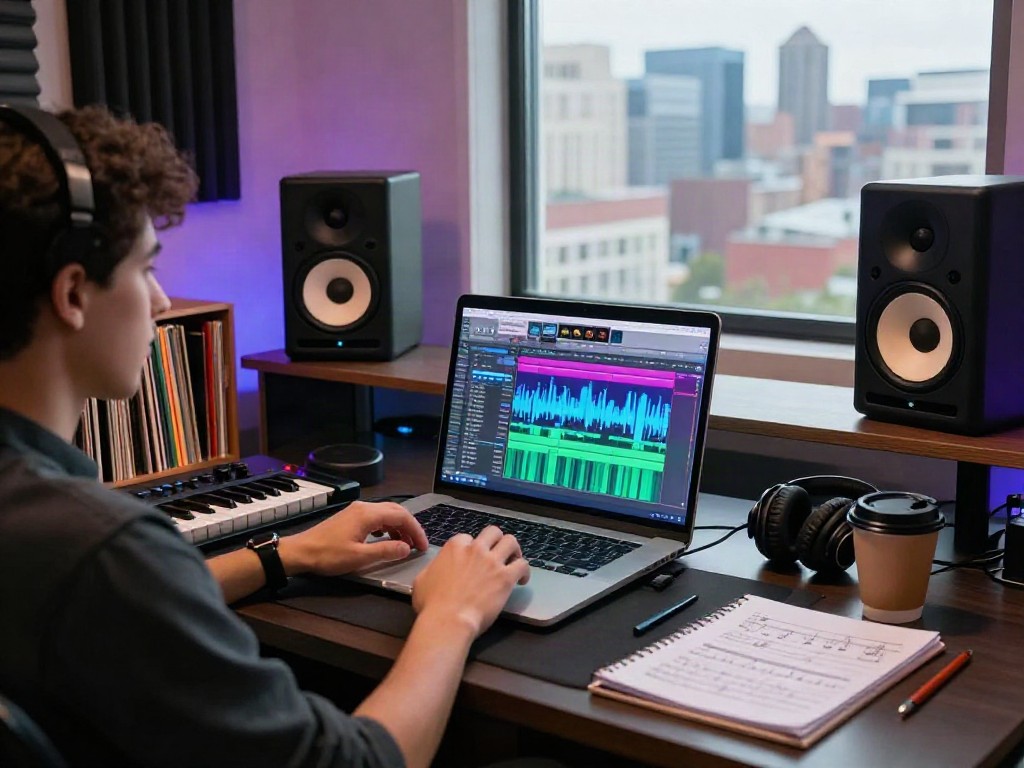 Engaged musician in a modern studio creating music with a spotify mod setup, showcasing vibrant workspace elements.