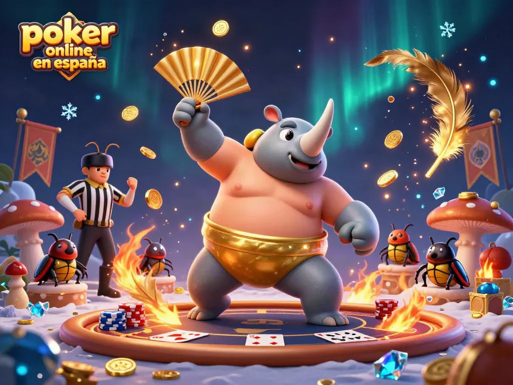 Juega al poker online en España con un animado torneo entre personajes únicos en un ambiente vibrante.