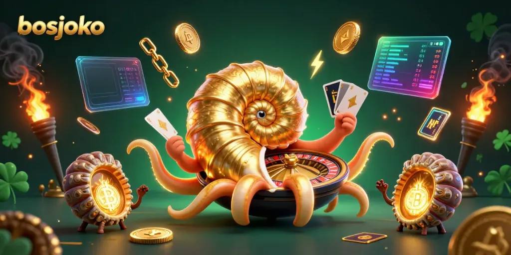 Win big with bosjoko in a vibrant, dynamic lottery scene featuring a giant nautilus and crypto elements.