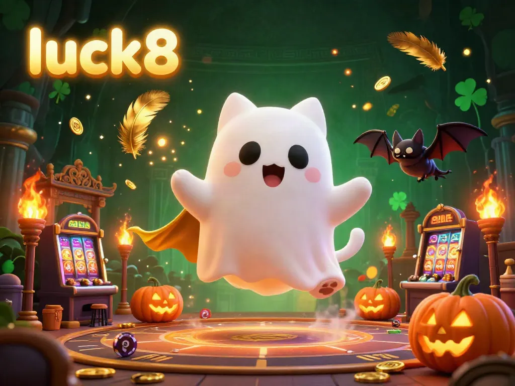 Experience the thrilling atmosphere of luck8 with a ghost cat and vibrant casino symbols in a haunted mansion.