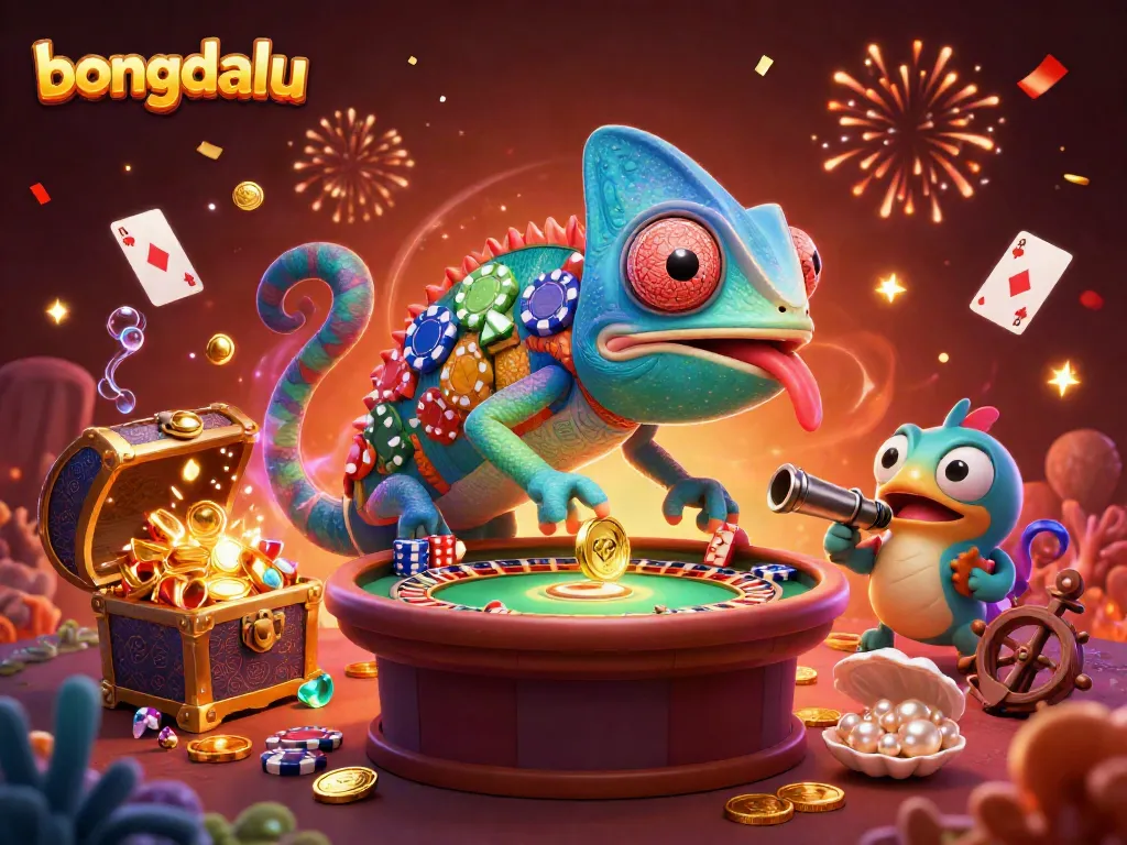 Engage with Bongdalu's vibrant casino world featuring a dynamic chameleon character and exciting gaming elements.