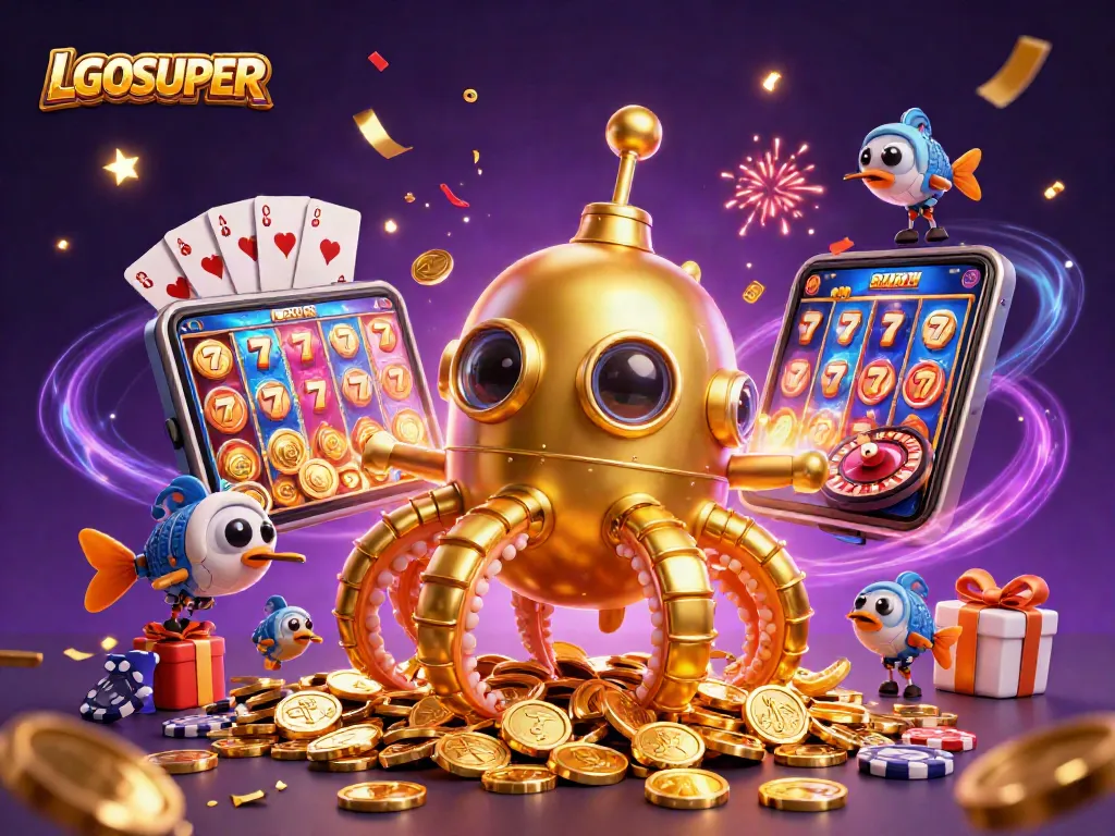Join the fun with LGOSUPER as a golden kraken submarine brings casino excitement in a vibrant 3D scene.