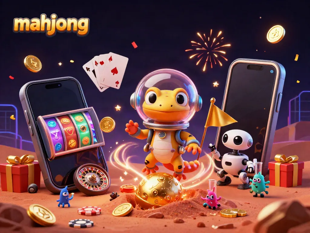 Engage in thrilling mahjong gameplay with a cartoon Martian gecko uncovering a golden casino scene.