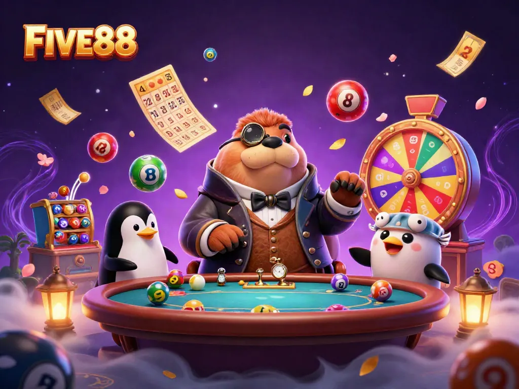 Experience FIVE88 gaming action with a jolly walrus at an underwater poker table in a vibrant casino scene.