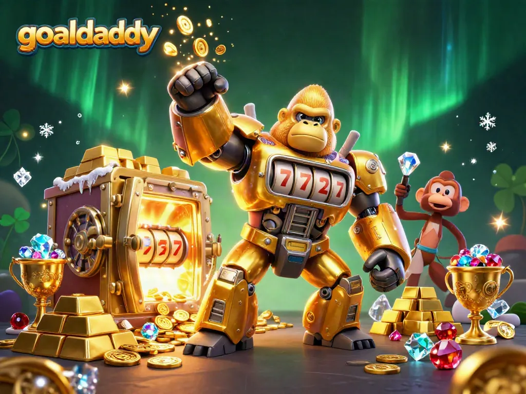 Experience exciting gameplay with goaldaddy's dynamic 3D golden gorilla mech and treasure elements.