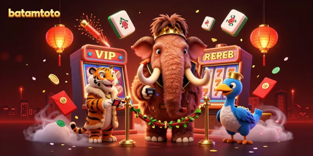 batamtoto engaging players with a colorful 3D scene of characters and casino elements.