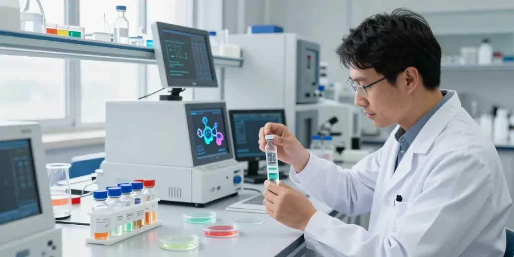 Researcher measuring glow70 peptide blend in a modern lab.