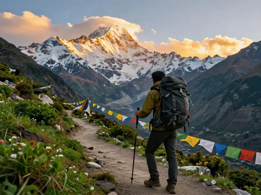 Manaslu Circuit trek experience with traveler enjoying stunning mountain views while hiking