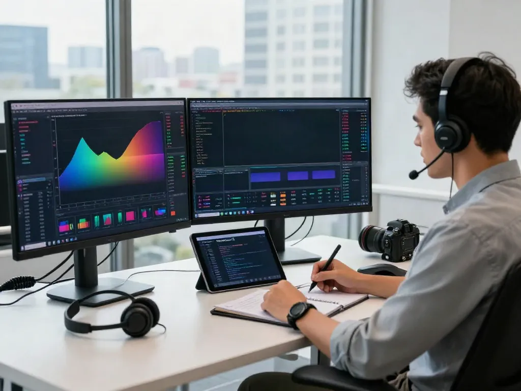 Traders using MetaTrader 5 at a stylish office with multiple screens showing market analysis and trading data.