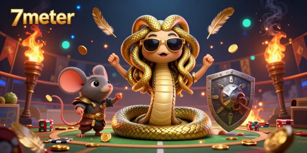 Experience thrilling sports betting with 7meter in a dynamic illustration of Medusa and a warrior mouse.