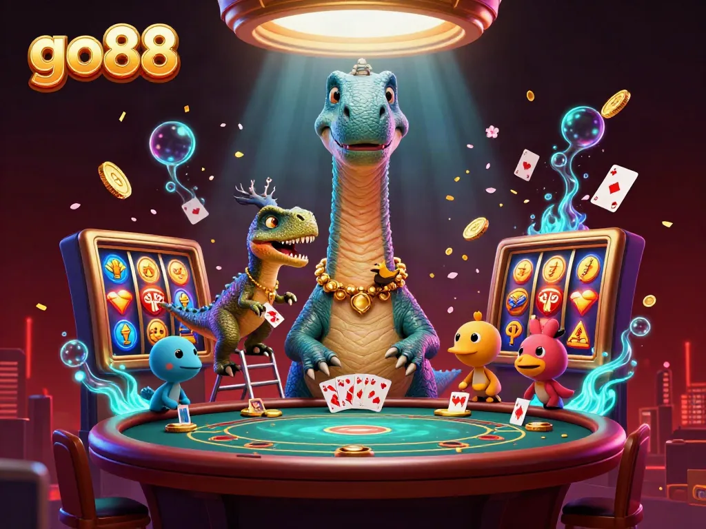Experience go88 with a lively casino scene featuring a playful brontosaurus and clever raptor in action.
