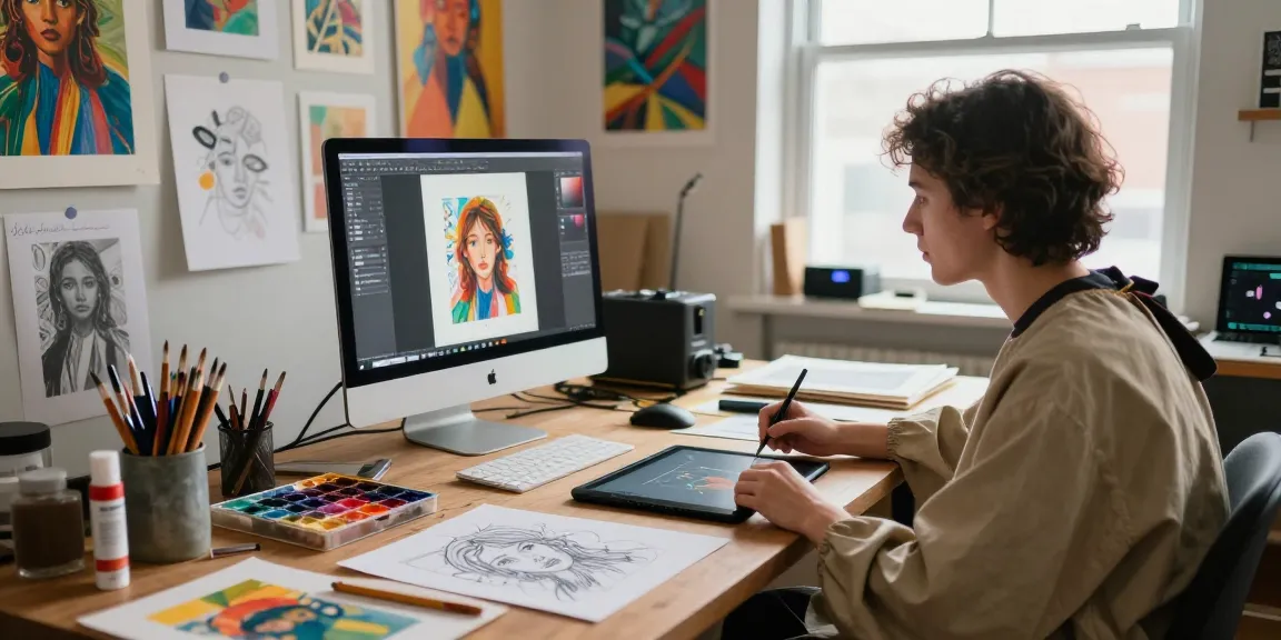 Artist using an AI image generator in a creative studio filled with artworks and vibrant colors.