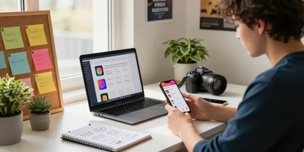 Instagram phone automation in a stylish home office with a marketer using social media apps on a smartphone and laptop.