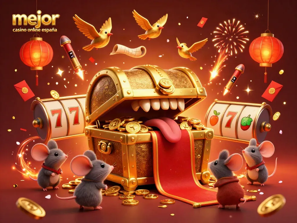 Ilustración de celebración en el mejor casino online España con un cofre dorado y símbolos de la suerte.