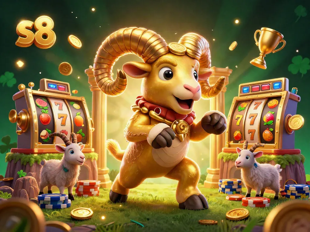 Engaging illustration of s8 casino slots featuring a golden ram, lucky symbols, and dynamic elements.